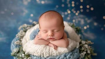 A sleeping infant rests peacefully on soft, textured fabrics, creating a serene and cozy portrait, illuminated by gentle bokeh lights. photo