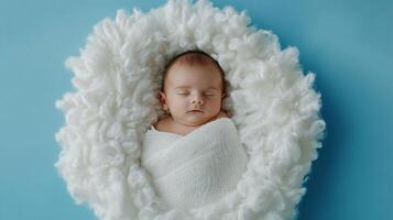 A serene portrait capturing a peacefully sleeping newborn, cocooned in soft white fabric against a calming blue backdrop, radiating innocence. photo
