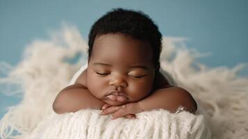 A serene portrait of a baby peacefully asleep, gently resting on a soft, fluffy blanket against a soothing light blue background. photo