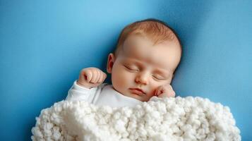 Sleeping baby nestled in a soft blanket against a serene blue backdrop. Pure serenity in a peaceful dream, capturing innocence and tranquility. photo