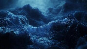 Abstract, low angle view of a surface with rough, textured, blue terrain against a blue background and low lighting. photo
