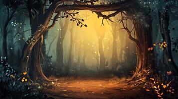 Mystical forest path bathed in golden light, trees form archways, creating a serene and magical atmosphere. Nature's beauty unfolds. photo