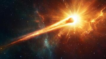 A celestial body streaks through space, leaving a fiery trail amidst a vibrant nebula and distant stars, showcasing cosmic beauty. photo