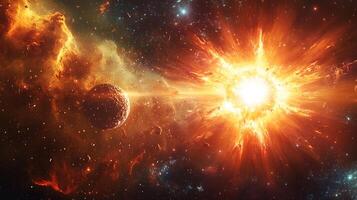 Stellar explosion and planet with hot nebula. A bright cosmic event in deep space, galaxy. Intense color and details in universe. photo