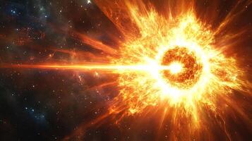 A brilliant supernova explodes in the vast expanse of space, unleashing intense energy and light, piercing through the darkness with a powerful beam. photo