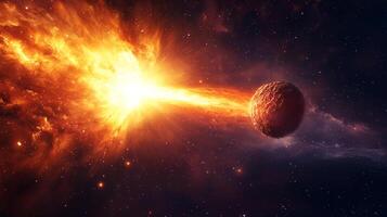 A celestial collision in deep space, an exploding supernova creates cosmic light show as it hurls debris into space. photo