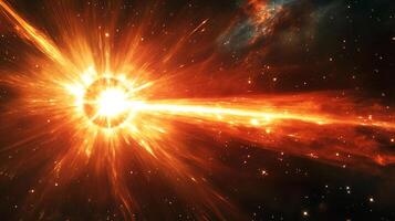 Fiery cosmic burst with radiating energy, streaks, and vibrant, warm colors creating a dramatic celestial phenomenon in outer space. photo