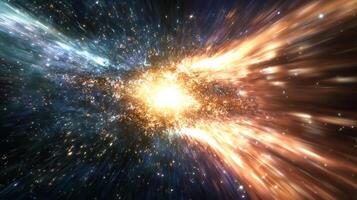 An abstract depiction of space, featuring a central light source and star-like patterns moving away from the center of the image. photo
