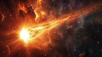 Fiery celestial body hurtling through space, surrounded by stardust and cosmic gas, in a dynamic and dramatic space scene. photo