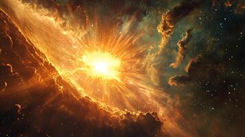 Stunning nebula explosion, a celestial firework display of cosmic proportions showcasing light, gas and dust. A dynamic space wonder. photo