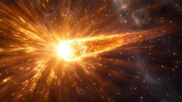 Fiery space phenomenon showcases a luminous comet streaking across a star-speckled cosmic canvas, igniting the darkness with brilliance. photo