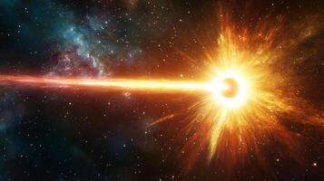 A powerful cosmic event unfolds as a bright object emits a massive beam of energy, illuminating the surrounding nebula and starry void. photo