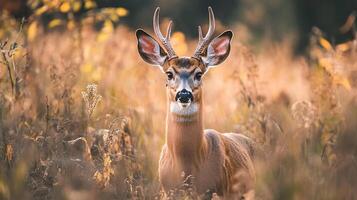 A deer stands in a field of tall grass, its antlers reaching towards the golden sunlight filtering through the trees. Serene wildlife. photo