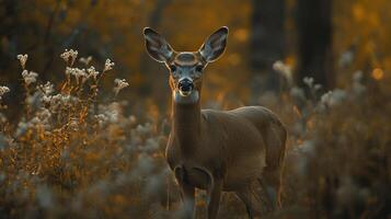 A deer stands alert amidst golden foliage, its gaze direct and ears perked. Nature's beauty highlighted by warm light. Wild encounter. photo