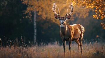 Stag in autumn field with antlers stands tall, backlit by golden light, creating a picturesque nature scene. Serene animal kingdom. photo