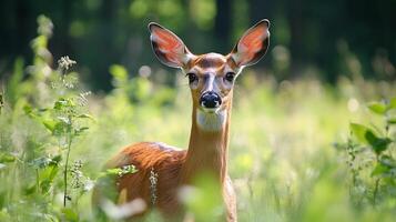 A young deer with inquisitive eyes stands in a sun-drenched field, ears alert, amidst the tall green grass and wildflowers. photo