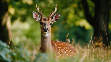 Spotted deer resting in a field. A tranquil scene of wildlife in its natural habitat. The animal is alert and aware of its surroundings. photo