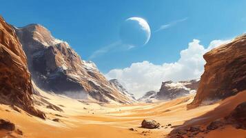 Desert landscape under a bright blue sky with a large moonlike planet visible between mountains and clouds. Tranquil vista and distant figures. photo