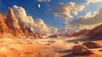 Barren landscape under a serene sky, tall rock formations casting shadows, with a distant celestial body overseeing the tranquil scene. photo