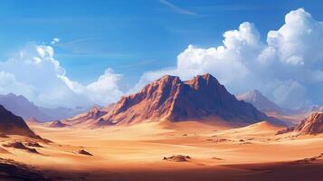 Expansive desert landscape with rugged mountains under a bright, cloudy sky. A sense of awe and isolation in this vast, arid terrain. photo