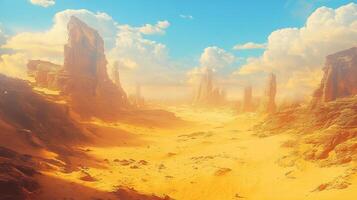 Vast desert landscape with towering rock formations under a blue sky with scattered clouds, creating a sense of scale and desolation. photo