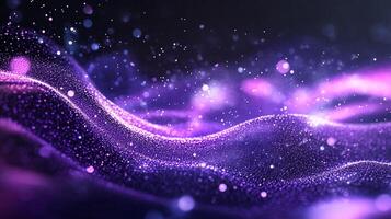 A captivating abstract artwork featuring a flowing purple field of glitter, set against a dark backdrop sprinkled with glowing particles. photo