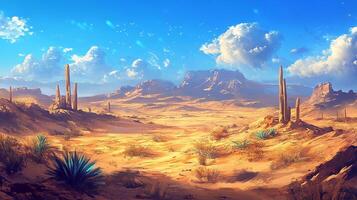 Serene desert landscape under a clear sky, featuring cacti and distant mountains, creating a peaceful, otherworldly atmosphere. photo