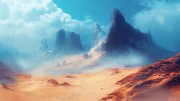 Serene desert landscape shrouded in mist, with towering rock formations piercing the horizon under a pale blue sky with distant clouds. photo
