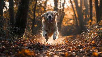 Golden Retriever in full leap mid-run on autumn-covered path through woods, sunlight streaming down creating a vibrant forest landscape. photo