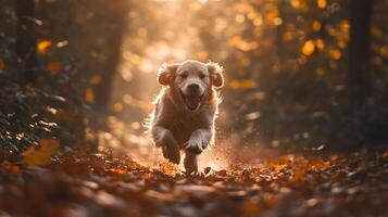 Golden retriever sprints joyfully along an autumn trail, bathed in warm sunlight, creating a heartwarming scene of canine happiness. photo