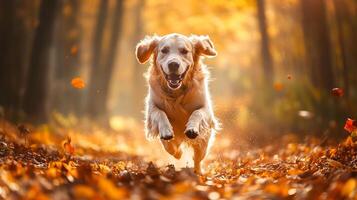 Golden retriever joyfully runs in the forest, leaves scatter around it in a burst of fall colors, bright sunlight shining in the background. photo