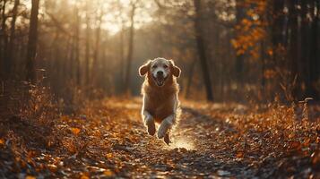 Golden retriever joyfully running through an autumn forest, sun streaming through the trees, creating a magical, warm atmosphere. photo