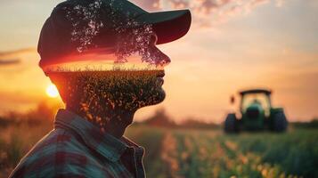 A silhouette of a farmer with field imagery overlaid, symbolizing agricultural dreams and connection to nature's cycle at sunset. photo