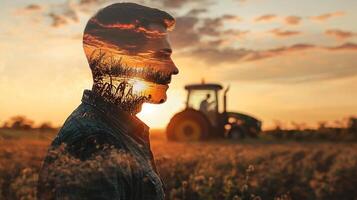 A profile of a farmer with an agricultural field and sunset superimposed on his head, symbolizing his deep connection with the land. photo