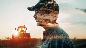 Farmer with a sunlit sky overlay. Vintage tractor on golden farmland. Hope, dreams, and nature blend in this rural scene. photo