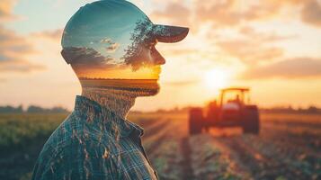 A farmer's silhouette merges with an image of his farm at sunset, symbolizing connection to nature and a hard day's work. photo