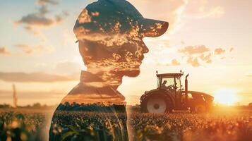 Double exposure of a farmer and a sunset over a field with a tractor conveys agricultural work and the cycle of nature in the countryside. photo
