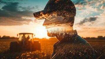 A farmer at dusk stands silhouetted against the sunset, superimposed with trees and clouds, working in their tractor at the field. photo