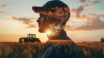 Farmer's dream at sunset in a wheat field. His face shows nature's beauty like a double exposure, tractor in background. photo
