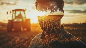 Double exposure art featuring a farmer with a field and tractor. Nature and agriculture blend in this image. photo