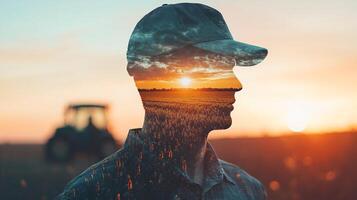 A silhouette of a man, filled with a sunset landscape of a field. The man wears a cap, and a tractor is visible in the background. photo