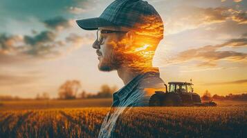 A farmer's silhouette merges with the sunset over a golden wheat field, symbolizing hard work and agricultural dedication. photo