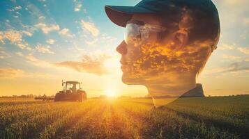 The spirit of farming comes alive in this image with a farmer merged with a sunset landscape and a tractor in the background. photo