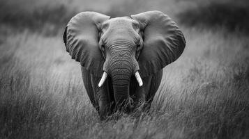 Majestic monochrome portrait of an elephant emerging from tall grass, ears spread wide, capturing its grandeur in the wild. photo