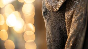Close-up of an elephant's textured skin and ear. It is wearing a shimmering, decorative garment. Golden lights in the background. photo