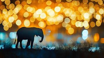 Elephant silhouette walks through a dreamlike landscape lit by blurred bokeh lights, evoking a sense of wonder and serenity. photo