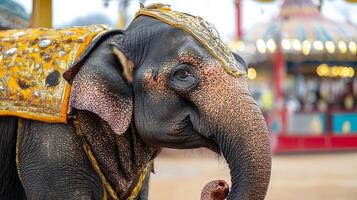 An adorned elephant with gold headdress and embellished blanket, stands in front of a colorful blurred circus backdrop. Majestic creature. photo