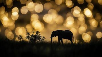 Silhouette of an elephant against bokeh lights evokes the mystery and beauty of wildlife in a natural habitat at twilight. photo