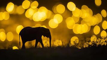 Elephant silhouette beneath bokeh lights. Captivating wildlife imagery featuring a solitary animal silhouetted against a golden background. photo