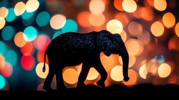 Silhouette of an elephant adorned with stars walking against a vibrant backdrop of colorful bokeh lights, a harmonious blend of nature. photo